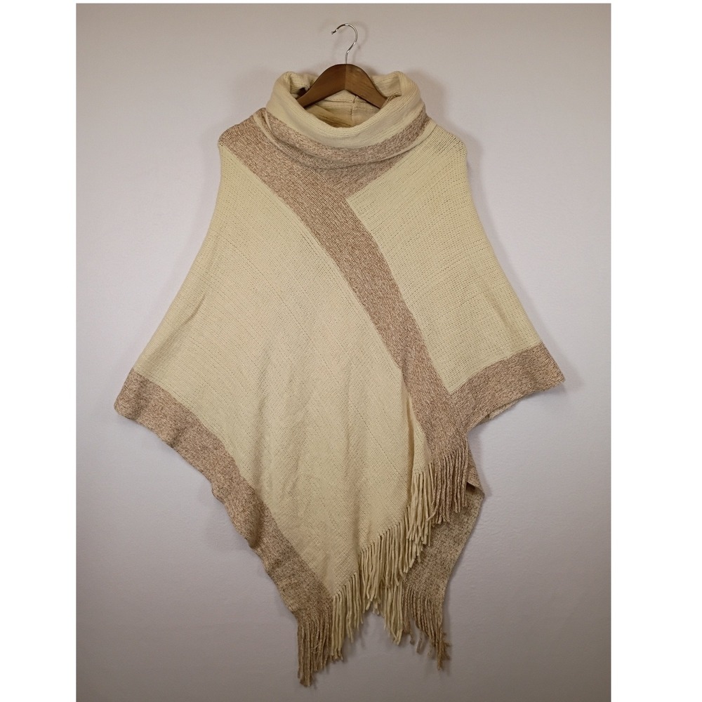 Boho Unbranded Women One Size Cream Tan Knit Cowl Neck Fringe Trim Poncho Wrap